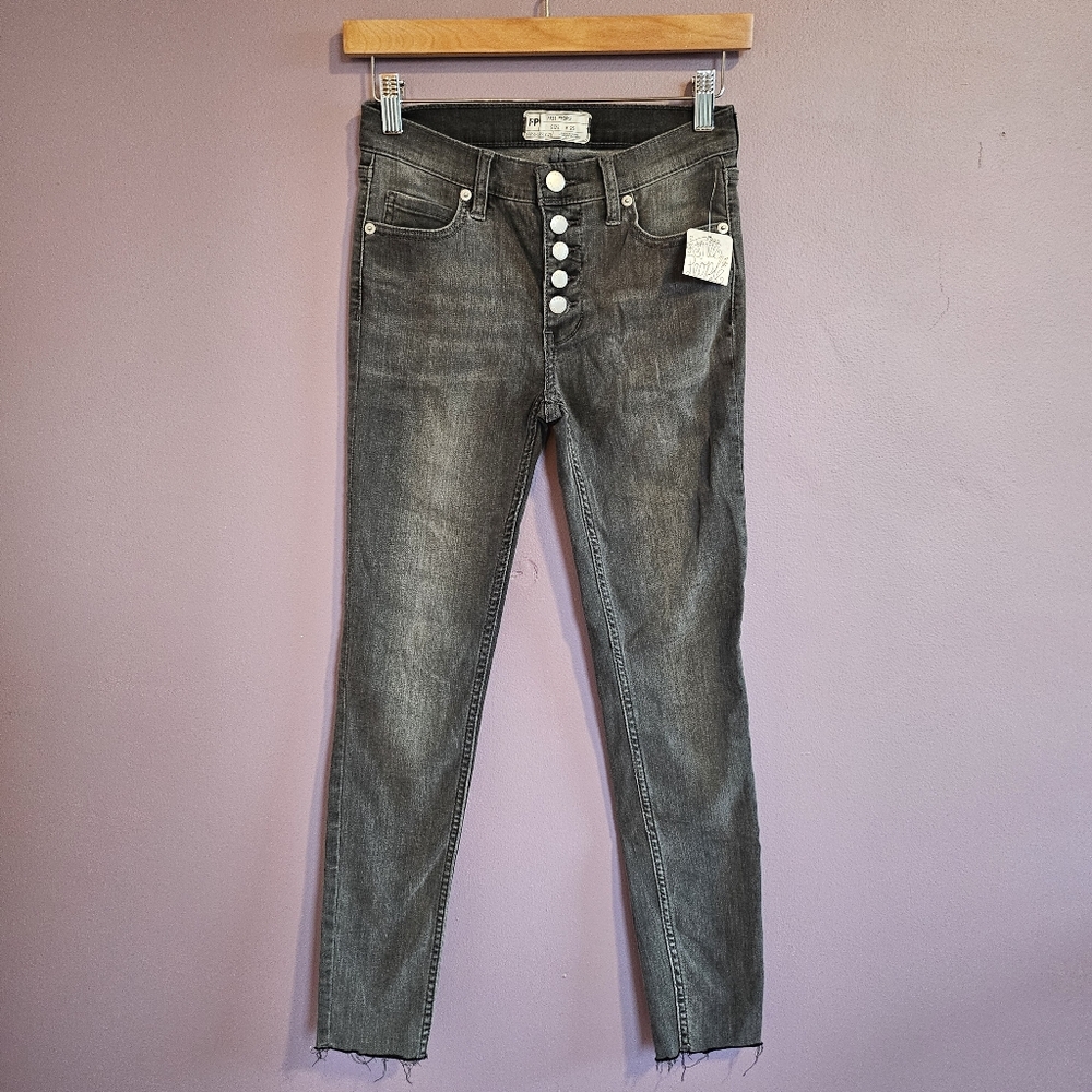 NEW Free People Washed Gray Mid Rise Button Fly Raw Hem Ankle Skinny Jeans